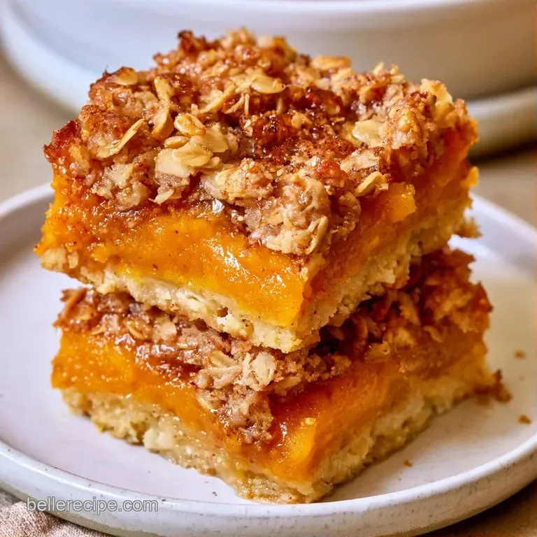 A square of bright orange filling topped with toasted golden oats on a white plate with a sprinkle of cinnamon.