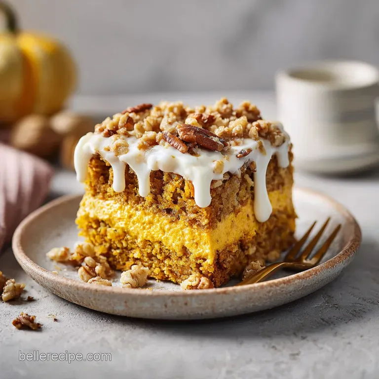 A slice of pumpkin crunch cake, revealing layers of tender cake and a crisp pecan crust.
