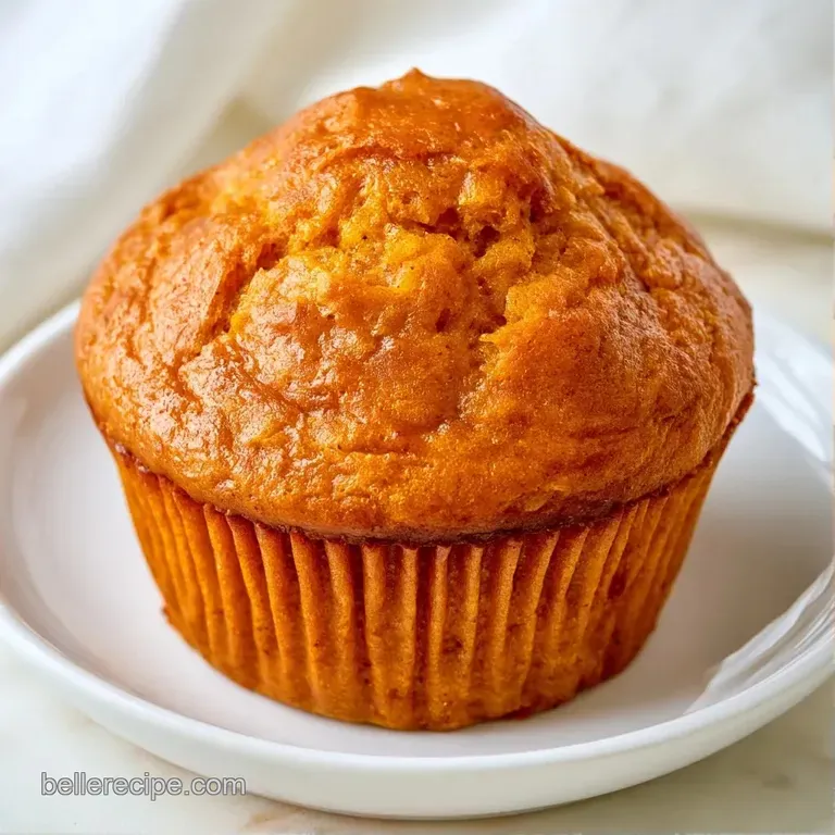 Moist, golden-brown pumpkin muffin with a soft crumble topping on a white ceramic plate with a linen napkin