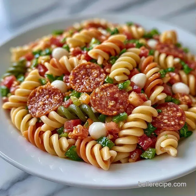 Vibrant pasta mix in a white ceramic bowl, topped with fresh parsley and circles of spicy red pepperoni.