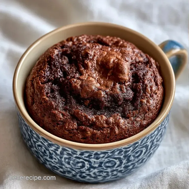 A ceramic mug of fluffy chocolate cake paired with a silver spoon and a glass of cold milk on a wooden tray.