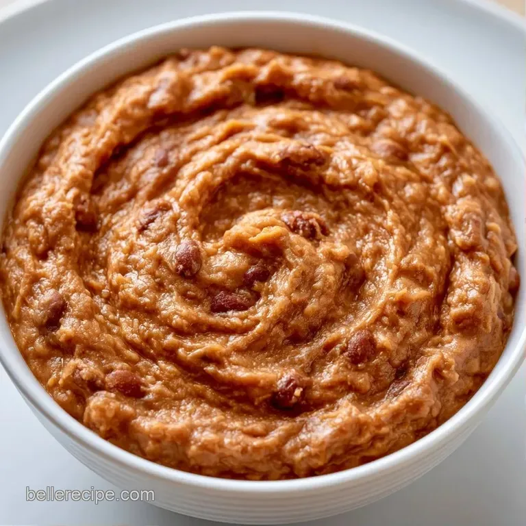 A small ceramic dish of smooth mashed beans garnished with crumbled cotija cheese and a slice of fresh avocado.