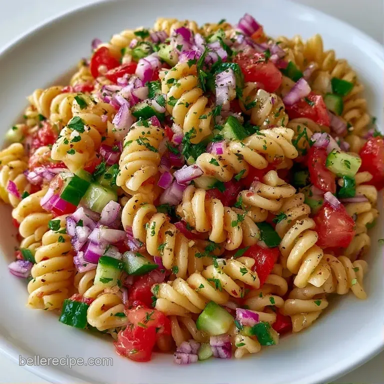 Chilled pasta tossed with magenta onion slivers in a white ceramic bowl, set against a bright, airy background.