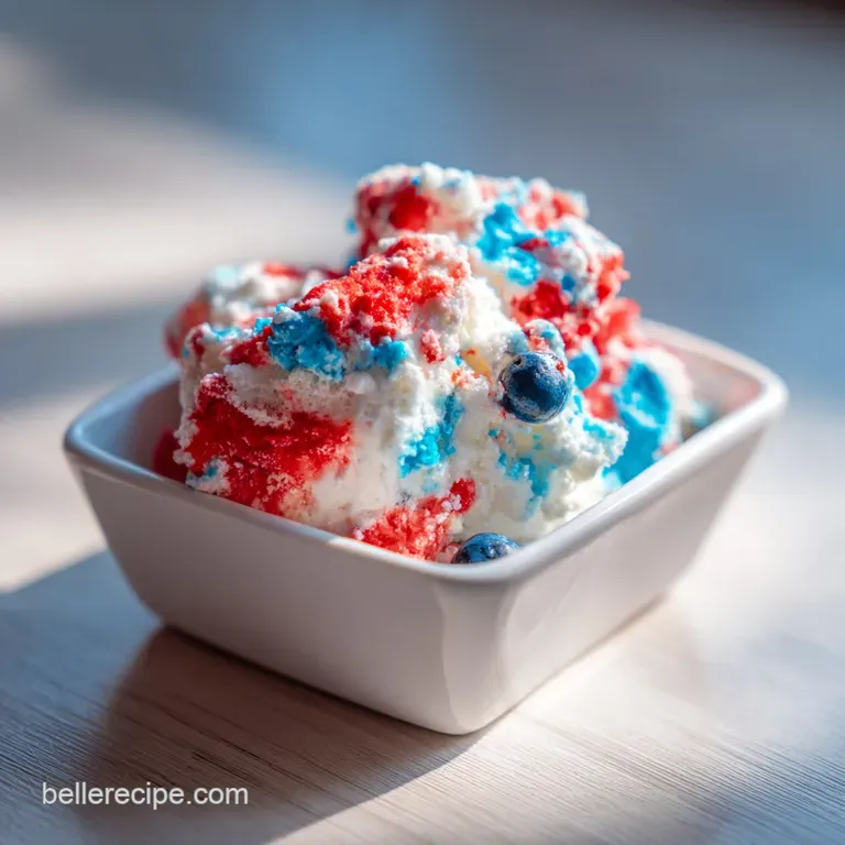 Elevated snack: neatly arranged mounds of red, white, and blue treats in a pristine white bowl, promising a burst of sweet...