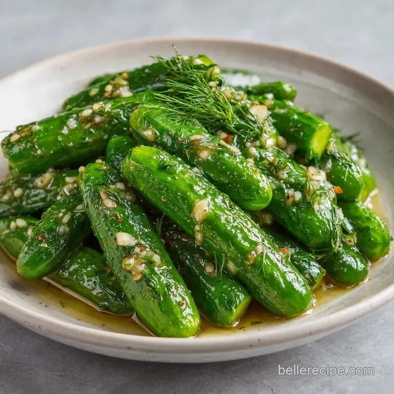 Neatly stacked slices of translucent green pickles on a white platter, garnished with fresh dill and garlic.