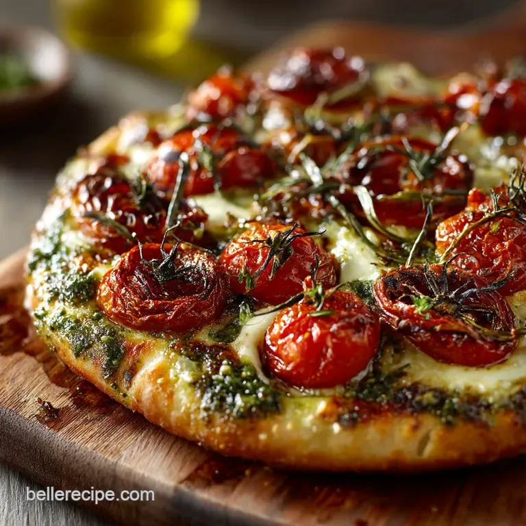 The Riviera Green Basil Pesto Pizza with Roasted Cherry Tomatoes presentation