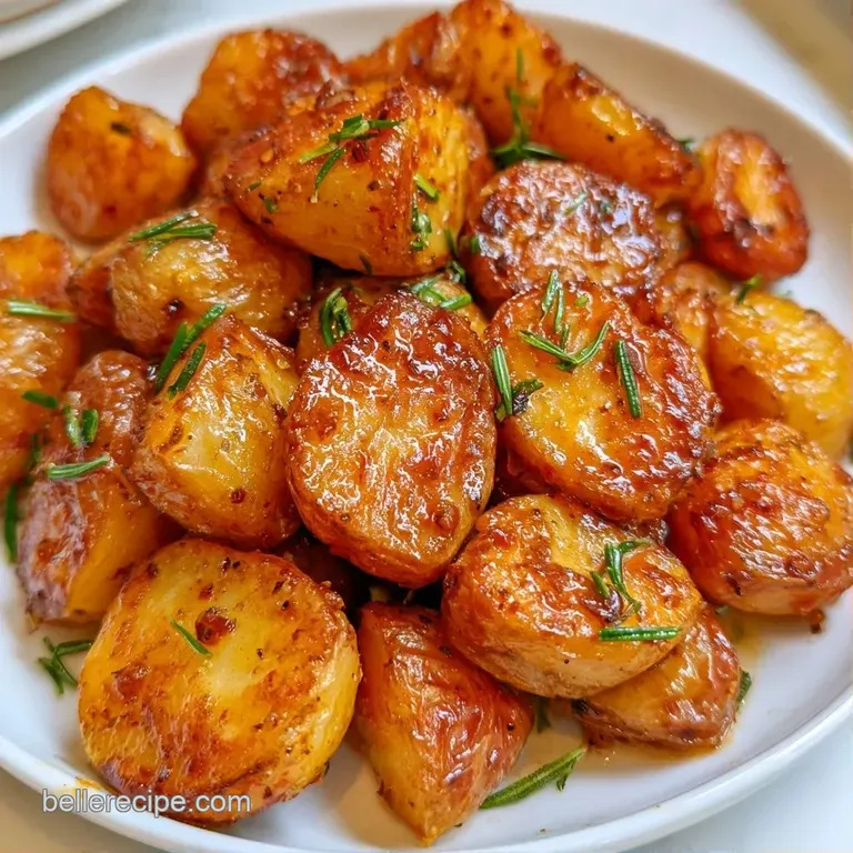 A ceramic bowl filled with crispy, golden-yellow potatoes garnished with finely chopped thyme and a dash of pepper.
