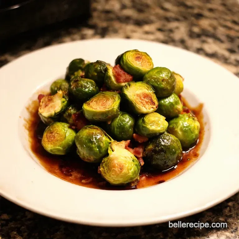 Roasted Brussels Sprouts with Crispy Bacon and Balsamic Glaze presentation