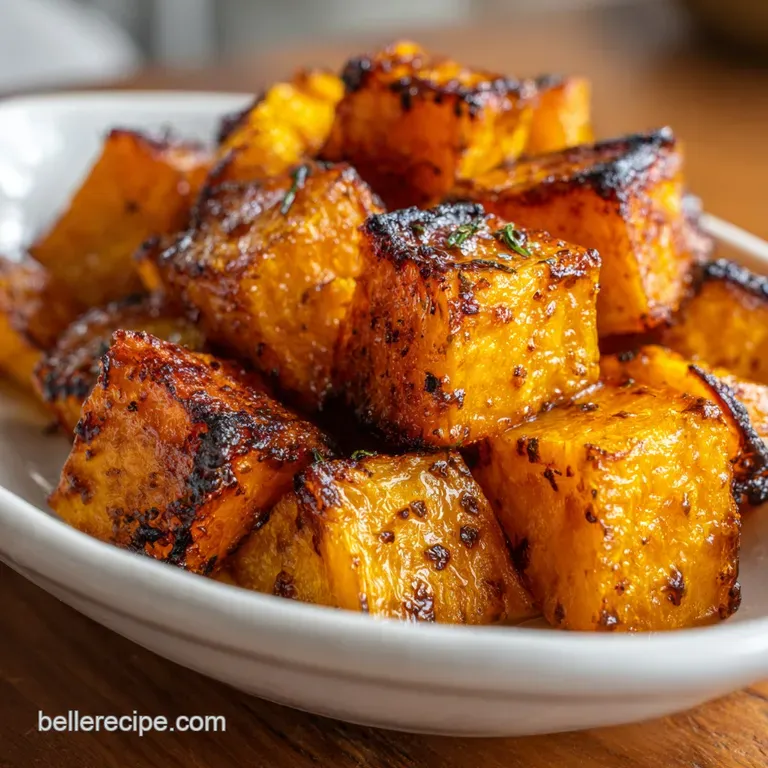 Slices of orange roasted squash arranged on a white ceramic plate, garnished with a sprig of thyme and flaky salt.