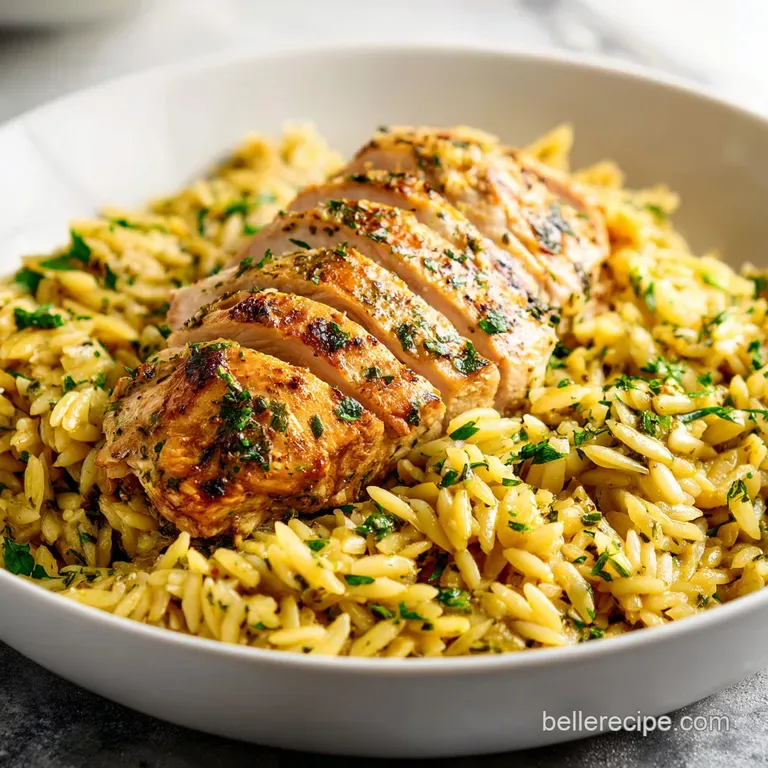 Tender chicken and creamy orzo served in a cast iron skillet, garnished with vibrant green parsley.