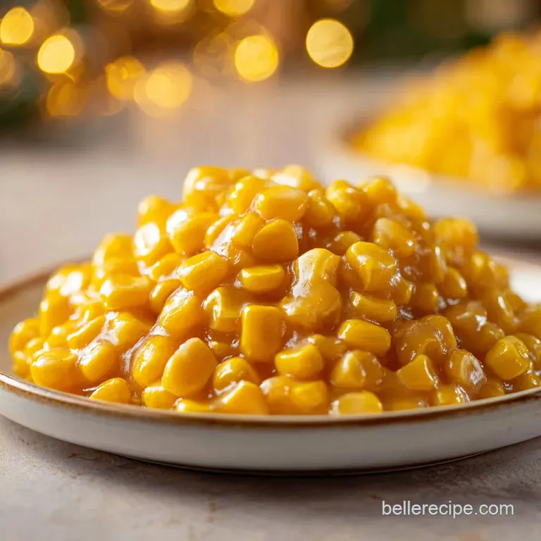Smooth, golden corn side dish served in a porcelain bowl with a sprig of parsley on a neutral linen tablecloth.