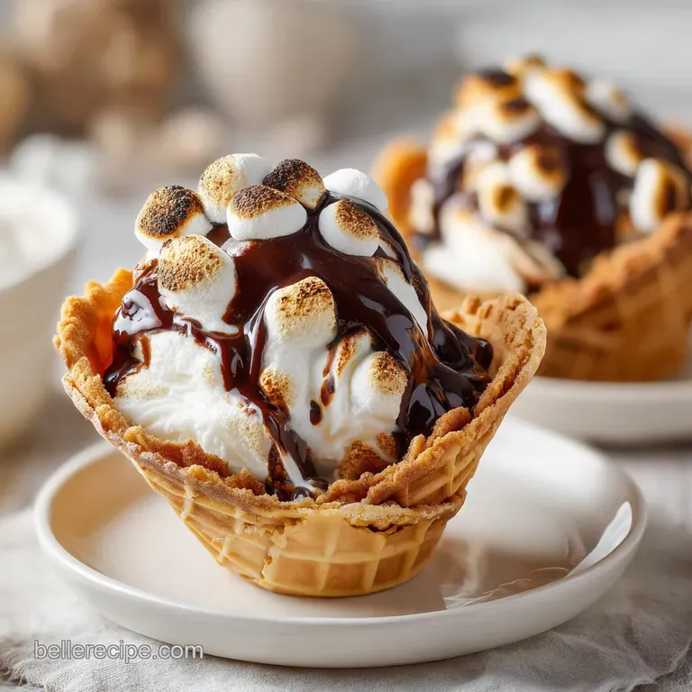 Warm waffle cones filled with toasted marshmallows and melted chocolate, served on a dark rustic wooden board.