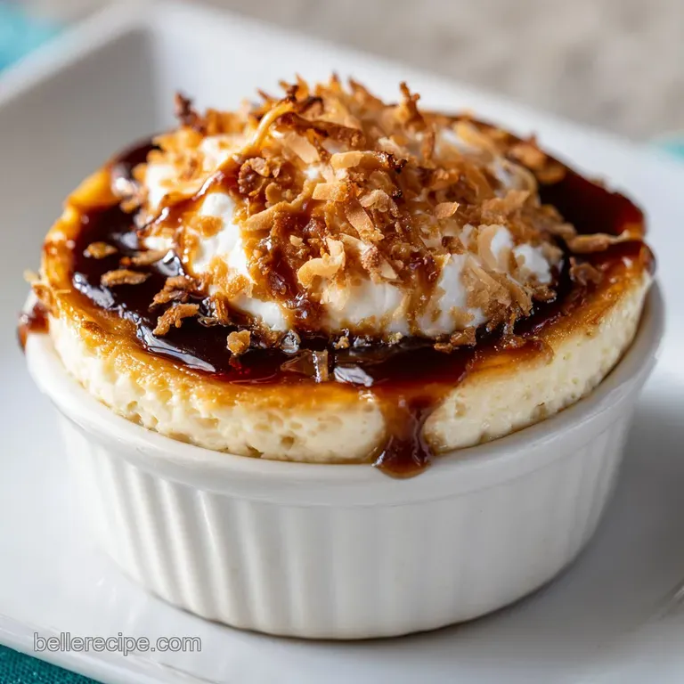 Elegant slice of caramel cheesecake on a white plate, drizzled in chocolate and caramel with coconut shavings. Coffee and ...