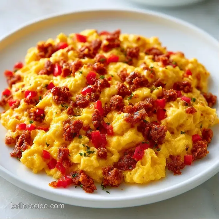 Vibrant red chorizo and bright yellow eggs artfully arranged with fresh cilantro on a matte charcoal ceramic dish.