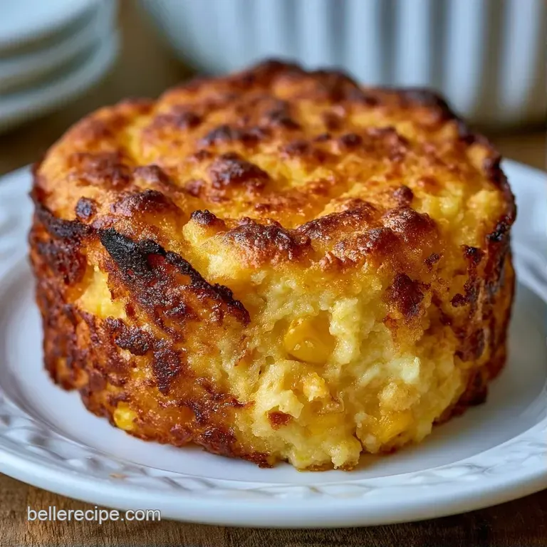 A perfectly square slice of golden corn pudding on a white plate, drizzled with melted butter and fresh microgreens.