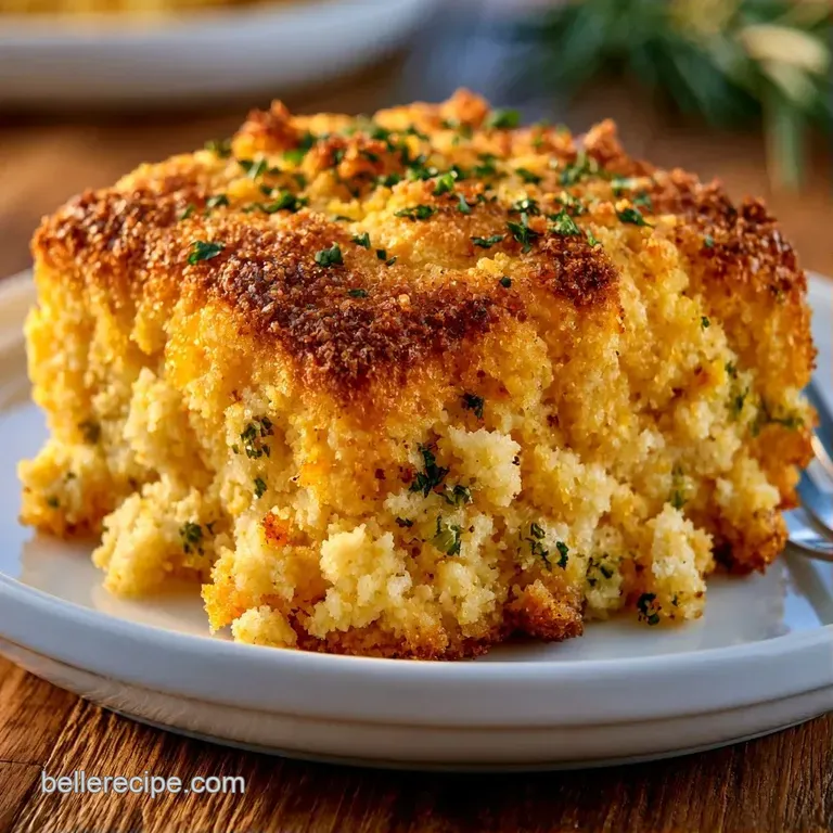 A neat scoop of golden, crumbly stuffing on a white plate, garnished with a sprig of thyme and a drizzle of gravy.