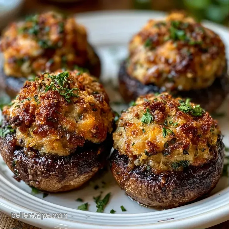 Three stuffed mushrooms arranged neatly on a white plate with a drizzle of balsamic glaze and a sprig of thyme.