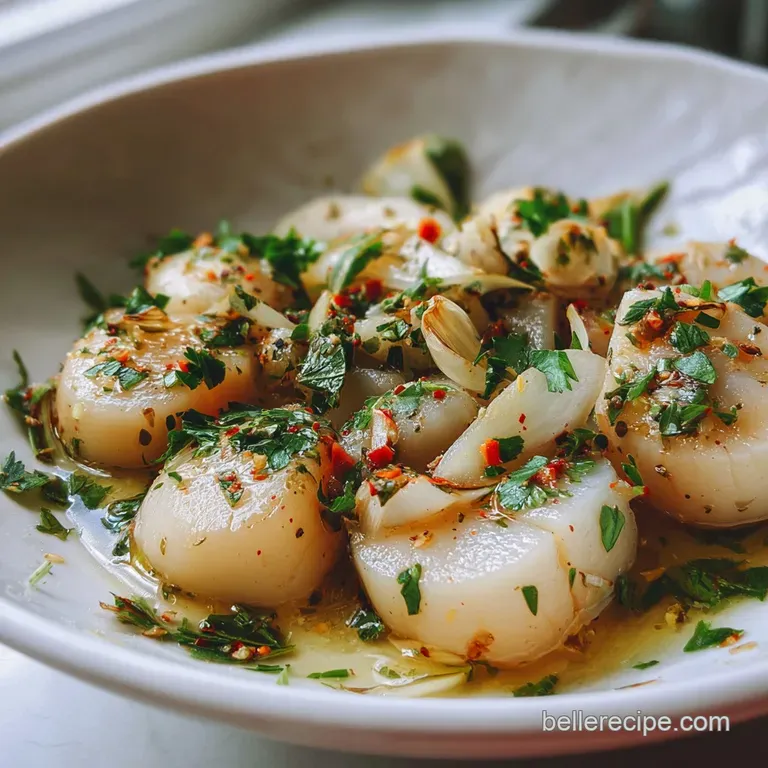 Elegant plate featuring succulent seafood, bright herbs, and golden garlic slices drizzled with shimmering olive oil. A cu...