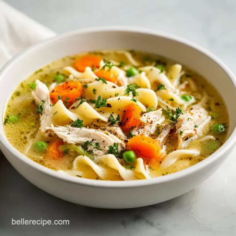 Elegant bowl of chicken noodle soup featuring large chunks of juicy chicken, vibrant herbs, and rich, golden broth.