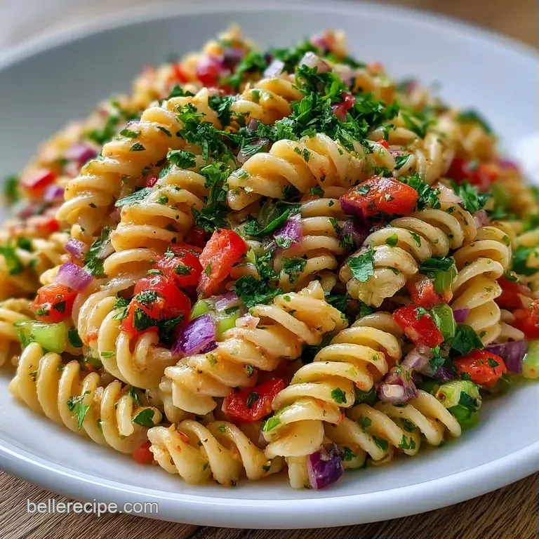 Chilled pasta swirls tossed in creamy sauce with bright red peppers and green peas on a white ceramic platter.