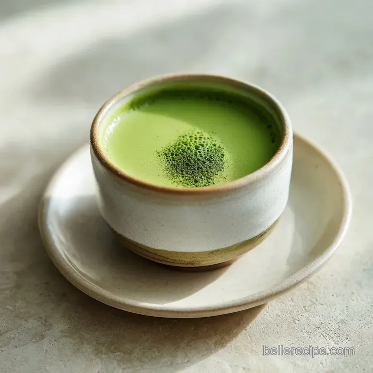 Tall glass of vibrant green matcha latte on a light wood table, dusted rim, delicate ferns behind. Elegant, cafe aesthetic.