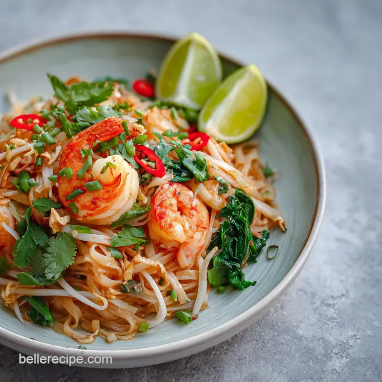 Elegant Pad Thai plate: noodles twirled high, topped with vibrant shrimp and crushed peanuts, garnished with a bright lime...