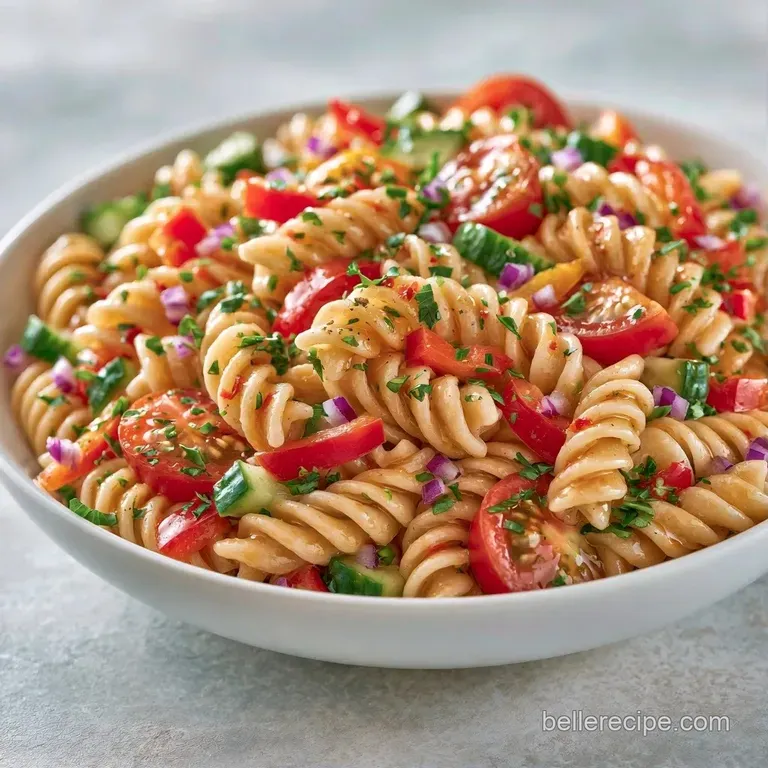 Chilled rotini pasta tossed with crisp bell peppers and feta, served in a modern bowl on a sunlit wooden table.