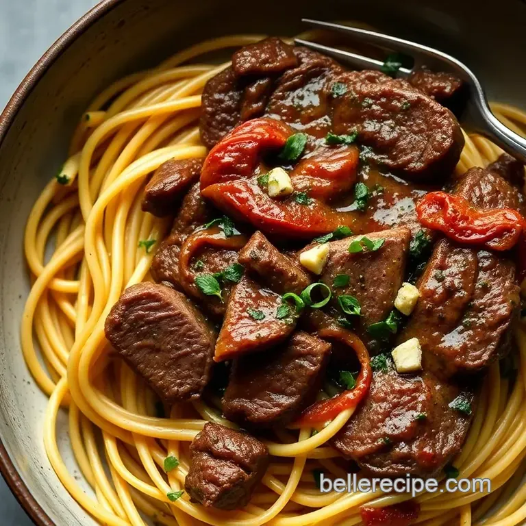 Sizzling Steak Pasta in Garlic Herb Sauce presentation