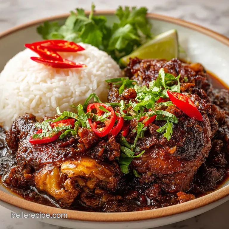 Tender adobo chicken served over fluffy rice. Garnished with vibrant green scallions and a sprinkle of sesame seeds.