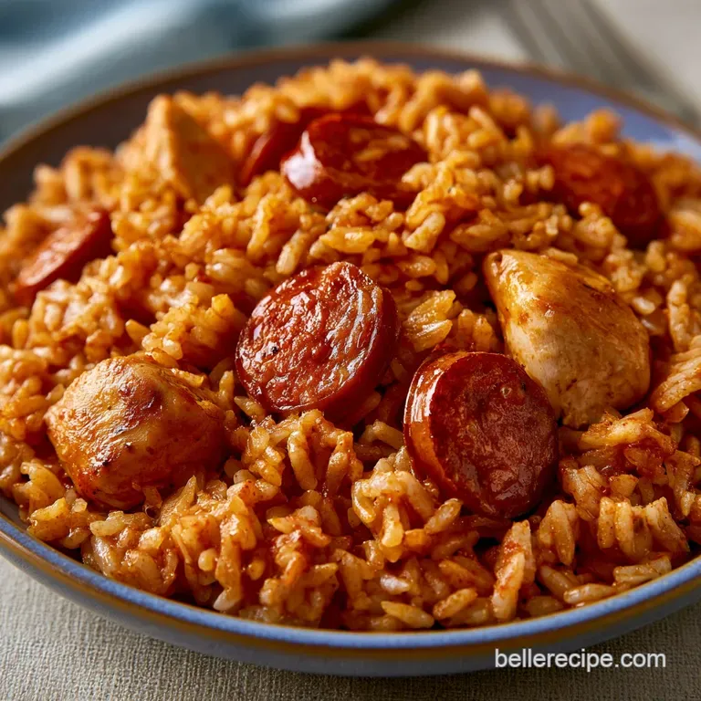 A shallow white bowl filled with spiced rice, seared sausage coins, and bright green scallions on a linen napkin.