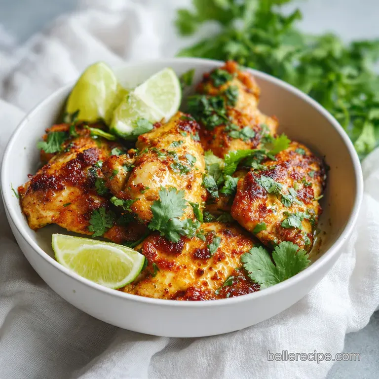 Tender chicken served over fluffy white rice, topped with fresh cilantro sprigs and lime wedges.