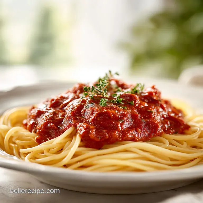 Al dente pasta swirled under a glossy, deep red meat sauce, topped with shredded parmesan and a basil leaf.