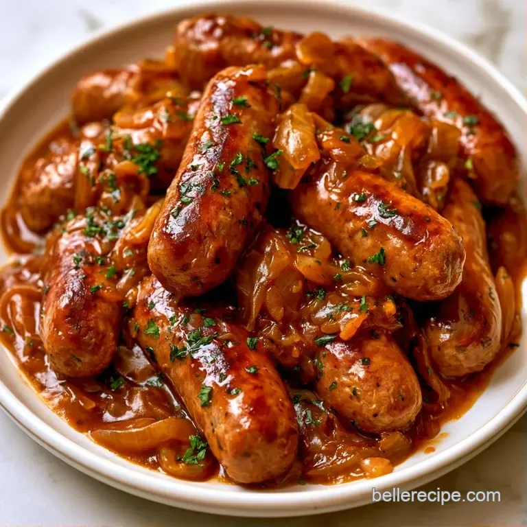 Plump browned sausages nestled in a silky cream sauce with translucent onions on a clean white ceramic dinner plate.