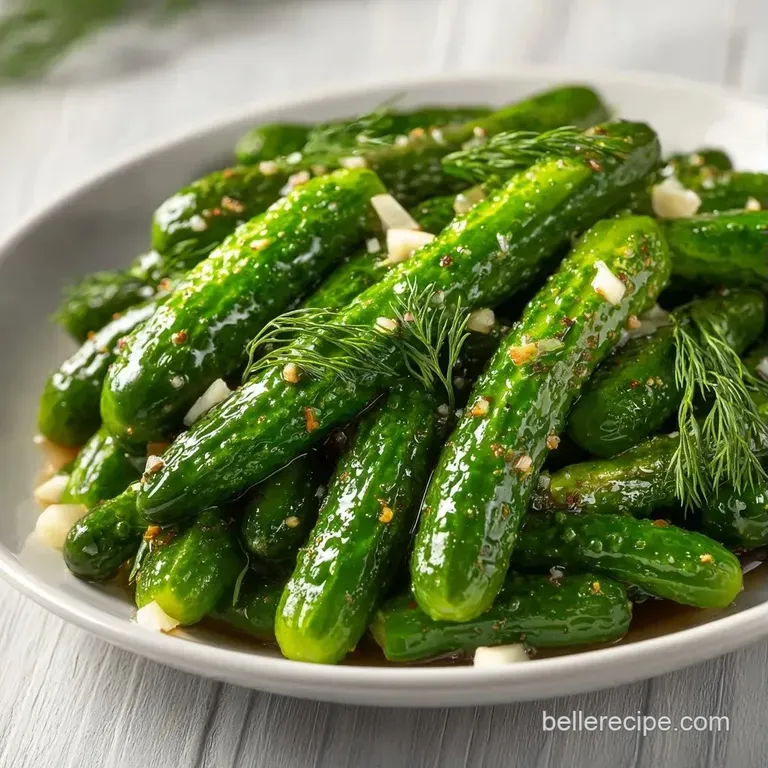 Vibrant green pickle slices stacked on a white plate, garnished with fresh dill sprigs and black peppercorns.