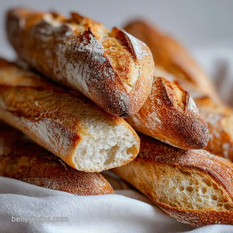 Slices of crusty sourdough baguette piled high, showcasing the airy crumb and blistered crust. Served on a linen-covered b...