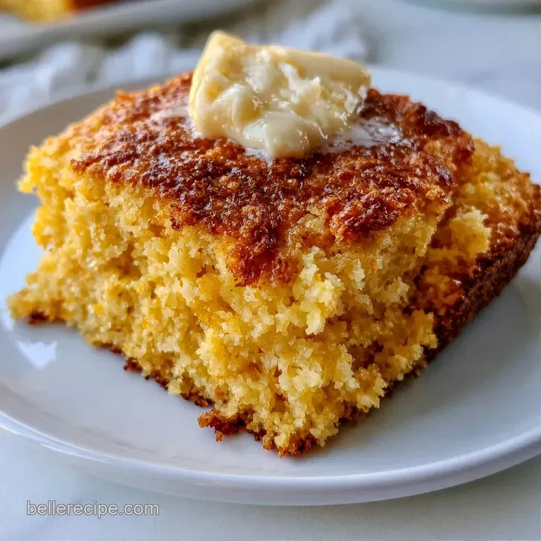 A thick slice of golden corn cake on a ceramic plate with a pat of melting butter and a drizzle of amber honey.