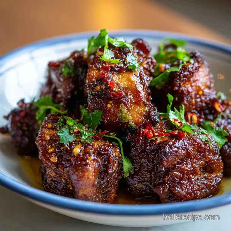 Slow-cooked beef ribs glazed in a deep mahogany sauce, served over fluffy white rice with a sprinkle of parsley.