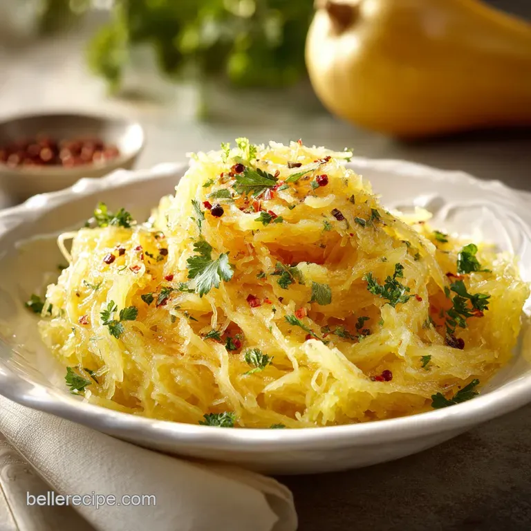 Elegant plate with glistening strands of spaghetti squash Alfredo, topped with fresh parsley and a dusting of Parmesan.