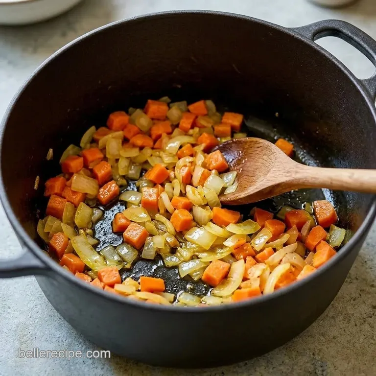 Sautéed diced onions and carrots in a large pot.