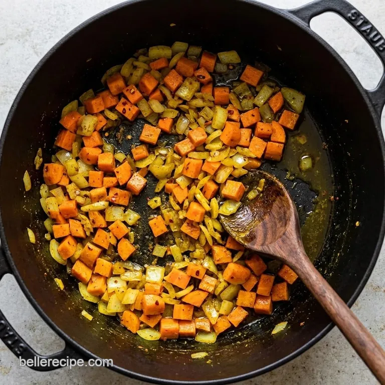 Diced carrots and onions toasted with yellow and brown spices in a pot.