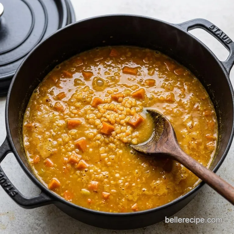 Simmering yellow lentil soup with softened carrots in a pot.