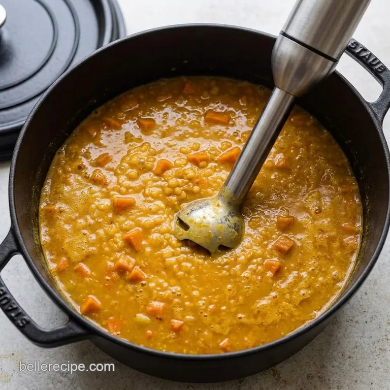 Partially blended creamy lentil soup in a large pot.