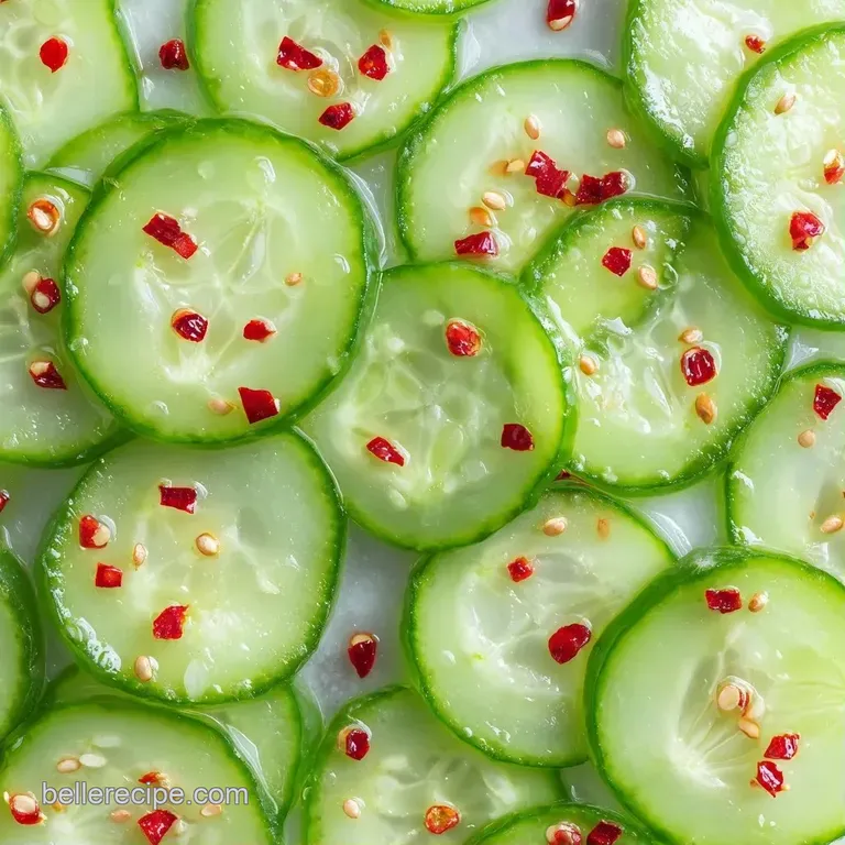 Thinly sliced translucent green cucumbers artfully piled on a slate board with bright red pepper accents.