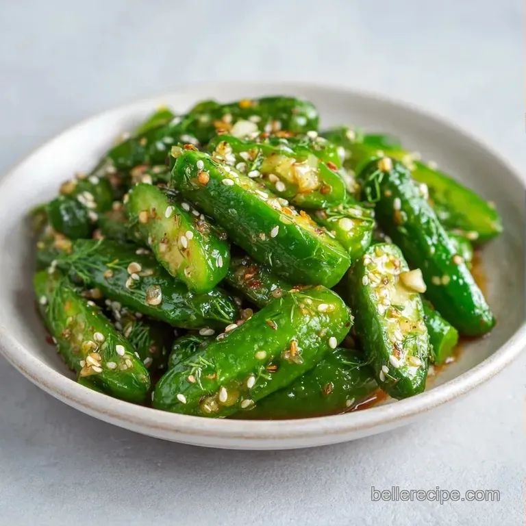 Sliced green pickles and spicy pepper rings arranged on a white ceramic platter with a sprinkle of fresh herbs.