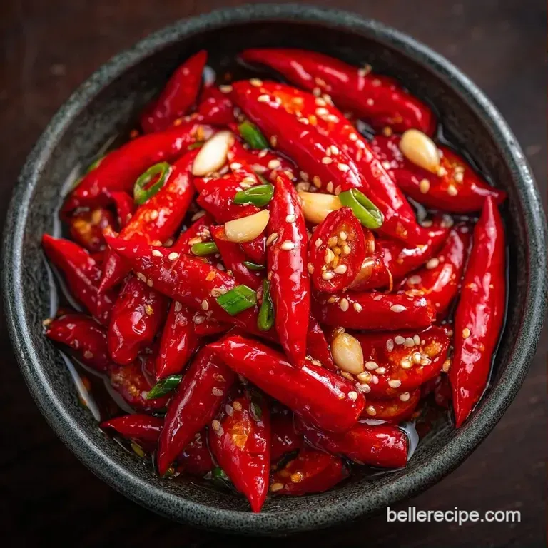 Glossy crimson pepper slices arranged in a white ceramic bowl, accented by a sprig of fresh green parsley.