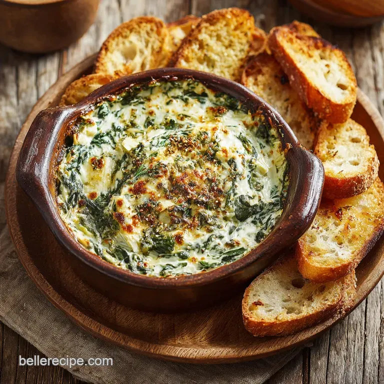 Elegant ramekin filled with warm spinach artichoke dip; garnished with parsley, served with toasted baguette slices.