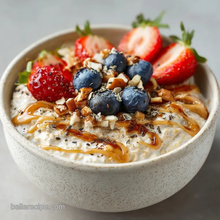 Overnight oats layered in a glass jar, topped with vibrant raspberries, crunchy granola, and chia seeds for texture.