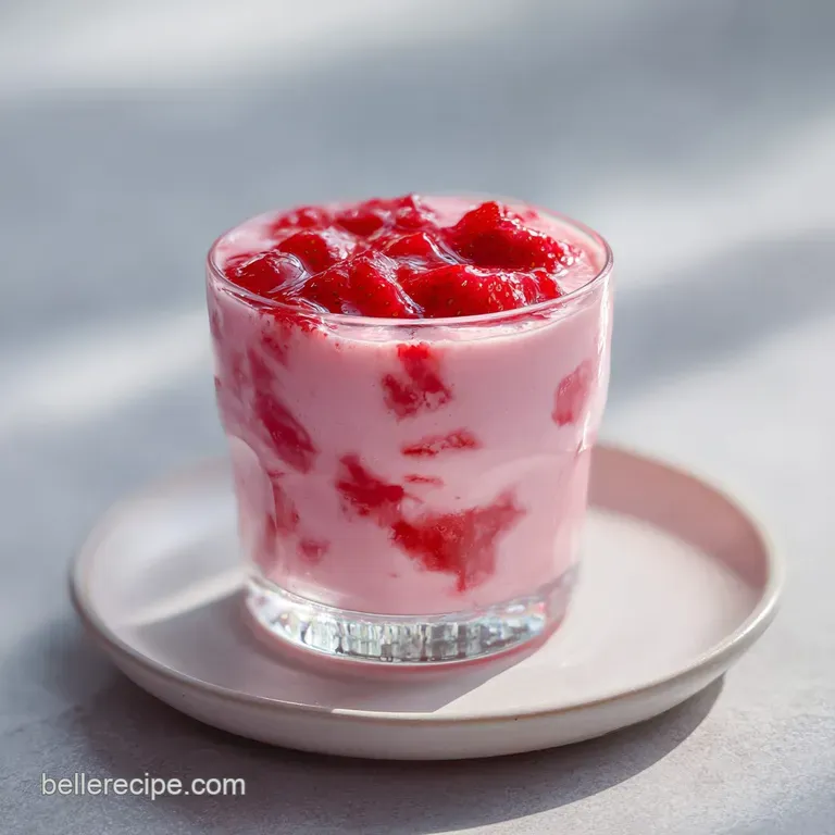 Tall glass of pale pink smoothie with vibrant strawberry swirls, garnished with fresh mint and sliced berries.