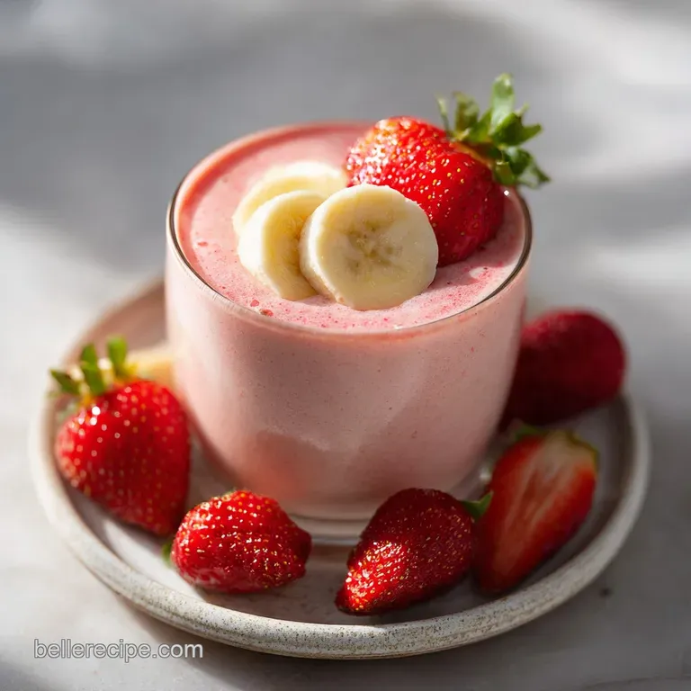 Smoothie in a curvy glass, garnished with a strawberry fan and banana coins. Bright, summery colors pop against a white ba...