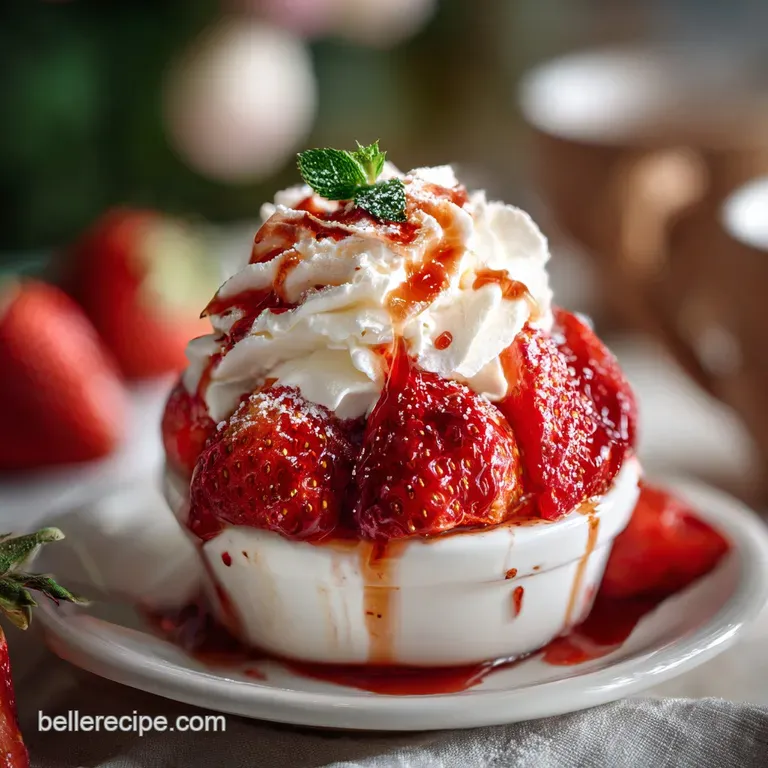Artfully arranged sliced strawberries with delicate swirls of cream on a white plate.